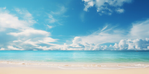 Obraz premium Abstract Defocused Bliss of a Tropical Summer Beach with Golden Sands, Turquoise Ocean, and Azure Sky A Vibrant Landscape for Summer Escape Sunny Serenity
