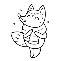 Fox with a scarf coloring book for kids. Coloring page. Monochrome black and white illustration. Vector children's illustration.