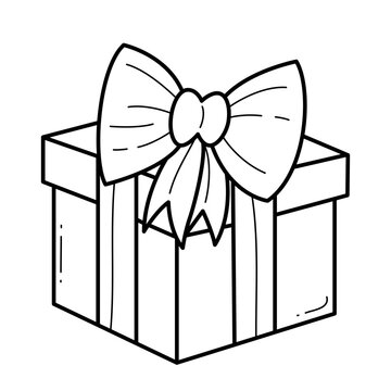 Gift box coloring book for kids. Coloring page. Monochrome black and white illustration. Vector children's illustration.