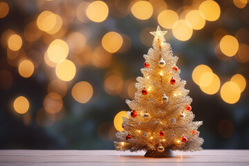 A Charming Miniature Christmas Tree Illuminated by the Soft Glow of Colorful Bokeh Lights, Creating a Festive and Magical Atmosphere in the Blurry Background