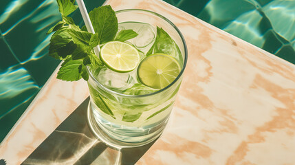 Mojito, top view. Mojito cocktail or carbonated drink with lime and mint, lemonade. A refreshing drink in hot weather