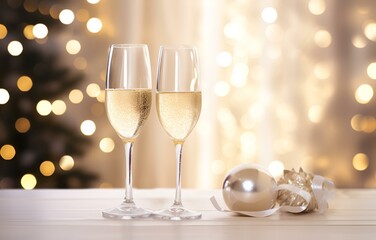 champagne flutes on white holiday table decor with bokeh background soft light for new year and christmas holiday celebration card decor