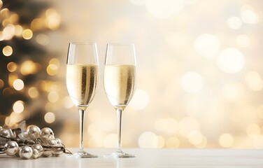 champagne flutes on white holiday table decor with bokeh background soft light for new year and christmas holiday celebration card decor