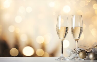 champagne flutes on white holiday table decor with bokeh background soft light for new year and christmas holiday celebration card decor