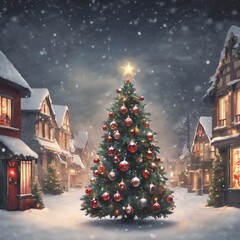 Christmas greeting card with traditional Christmas tree and house in the night with snow