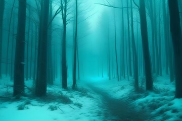 Cold forest, turquoise colors. Misty Christmas background