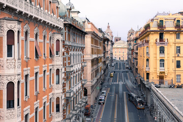 Fototapeta na wymiar Aerial cityscape with exquisite architecture of buildings along Via XX Settembre at day, Genoa, Italy