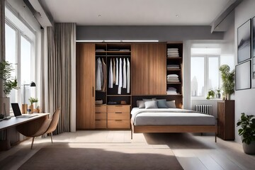 a small bedroom with a wall-mounted wardrobe and hidden storage solutions for optimal organization