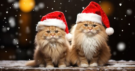 two cats with santa claus hats winter fun