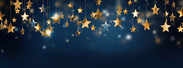 golden stars hanging on blue background christmas panoramic bokeh backdrop