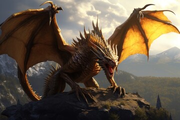 realistic dragon at sunset in the mountains