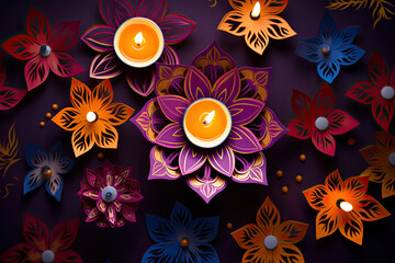 Fototapeta na wymiar Diwali festival of lights holiday design with paper cut style of Indian Rangoli 