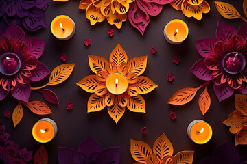 Diwali festival of lights holiday design with paper cut style of Indian Rangoli 