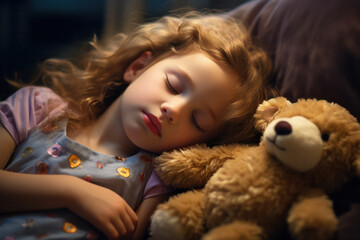 Dreamland Serenity, Little Girl Sleeping Peacefully with Favorite Toy