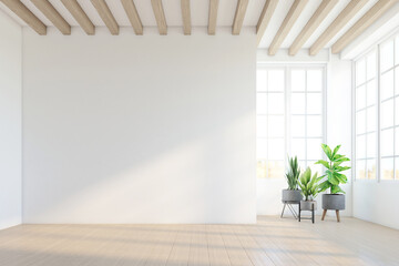 Minimalist style empty room decorated with white wall and wood slat ceiling, indoor green plants and wood floor. 3d rendering