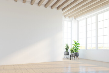 Minimalist style empty room decorated with white wall and wood slat ceiling, indoor green plants and wood floor. 3d rendering