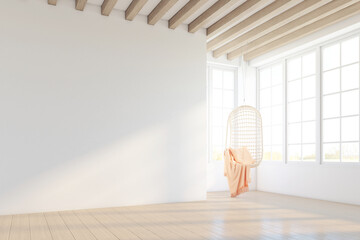Minimalist style empty room decorated with white wall and wood slat ceiling, hanging chair and wood floor. 3d rendering