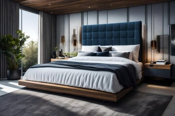 a modern bedroom retreat featuring a wall-mounted headboard with hidden storage