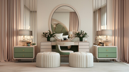 Minimalist Elegance: Nikolina Petolas-Inspired Interior with Mirrored Dressing Tables, Green Pillows, and Large Mirror in Light Pink, Light Bronze, Light Maroon, and Light Beige Tones