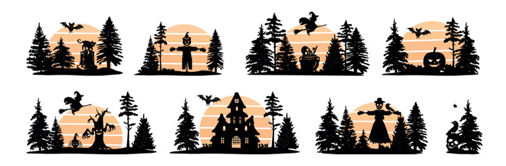 halloween landscape set vector. silhouette orange halloween set vector