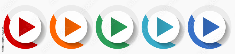 Poster Play vector icon set, flat design colorful round icons in 5 color options for webdesign and mobile applications