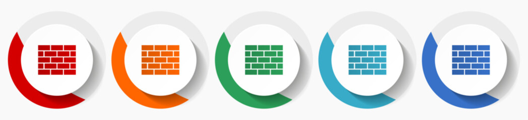 Brick wall, building vector icon set, flat design colorful round icons in 5 color options for webdesign and mobile applications