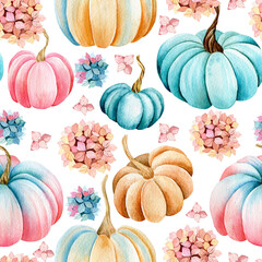 Seamless watercolor pattern. Pink, blue, orange pumpkins, pink and blue hydrangea bouquets, isolated on a white background. Design for wrapping paper. Autumn, botanical drawing.