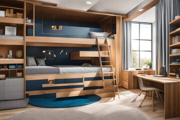 a kid's bedroom with a playful bunk bed design and clever hidden storage options - obrazy, fototapety, plakaty