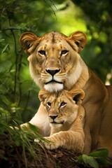 Fototapeta na wymiar Lioness and cub on tropical forest