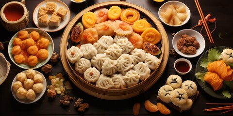 Fototapeta premium Lucky during Chinese New Year. Dishes like dumplings, spring rolls, fish, and noodles are often served for their symbolic meanings related to prosperity, wealth, and longevity