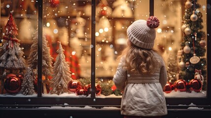 Little girl looking out of Christmas toy shop window - obrazy, fototapety, plakaty