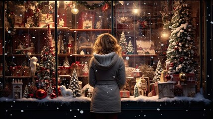 Fototapeta na wymiar Little girl looking out of Christmas toy shop window