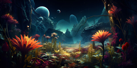 Fototapeta na wymiar Alien flora and fauna on an exoplanet illustration