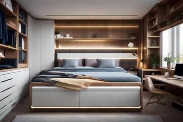 a space-saving bedroom with built-in storage under the bed and hidden compartments in the furniture
