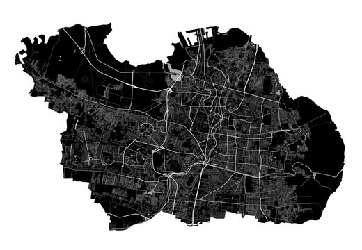 Surabaya map. Detailed black map of Surabaya city poster with roads. Cityscape urban vector. Black land with white roads and avenues.