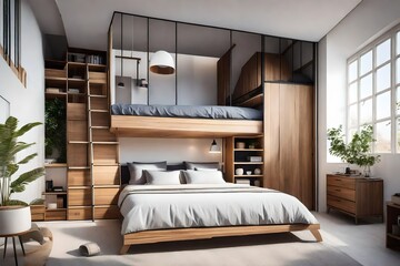 a modern bedroom with a lofted bed and under-staircase storage for a unique and practical design