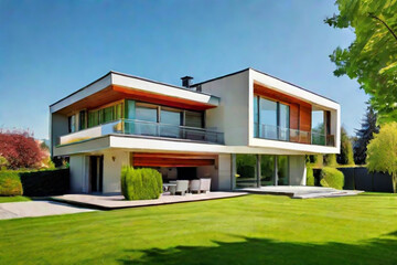Fototapeta na wymiar Very modern house with garden in front. Sunny day. Green lawn and trees. ai Generative 