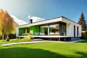 Fototapeta na wymiar Very modern house with garden in front. Sunny day. Green lawn and trees. ai Generative 
