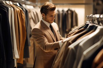 Elegant young man in a classic suit choose clothes at a rack with an assortment of classic jackets. Store formal and festive clothing suits for men.