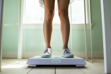 Close-up of female legs standing on modern floor scales in a room. Creative concept of weight control, weight loss, diet and healthy eating.
