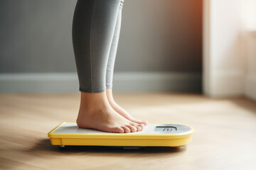 Close-up of female legs standing on modern floor scales in a room. Creative concept of weight control, weight loss, diet and healthy eating. - obrazy, fototapety, plakaty