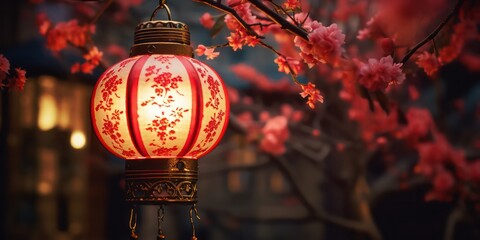 A Chinese red lantern glowing in the night symbolizes the festive atmosphere of the Chinese New...