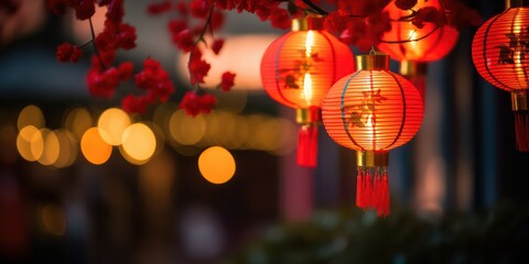 A Chinese red lantern glowing in the night symbolizes the festive atmosphere of the Chinese New Year, a time of happiness and celebration. - obrazy, fototapety, plakaty