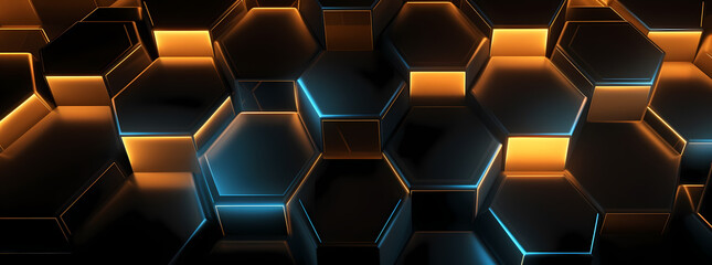 a black and orange abstract hexagon wallpaper, in the style of light gold and azure, backlight
