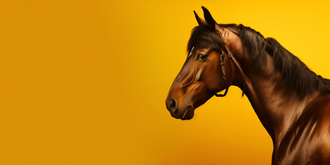 Portrait of a strong brown horse on a yellow backgroud