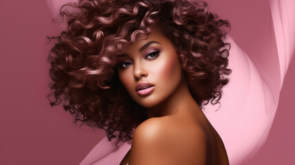 Stunning woman with voluminous curls and striking makeup on a pink backdrop.