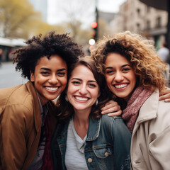 Fototapeta premium Three multiethnic women sharing a close and joyful moment, exuding warmth and camaraderie.