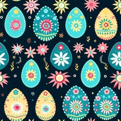 seamless pattern with cute whimsical colorful vibrant drawings of easter theme: plants and painted eggs, on dark blue background