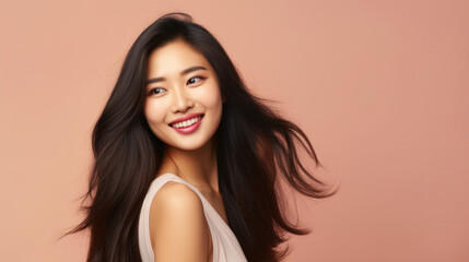 Radiant young Asian woman with flowing hair on peach backdrop