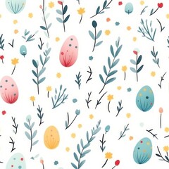 seamless pattern with cute whimsical pastel watercolor drawings of easter theme: plants and painted eggs, on white background
